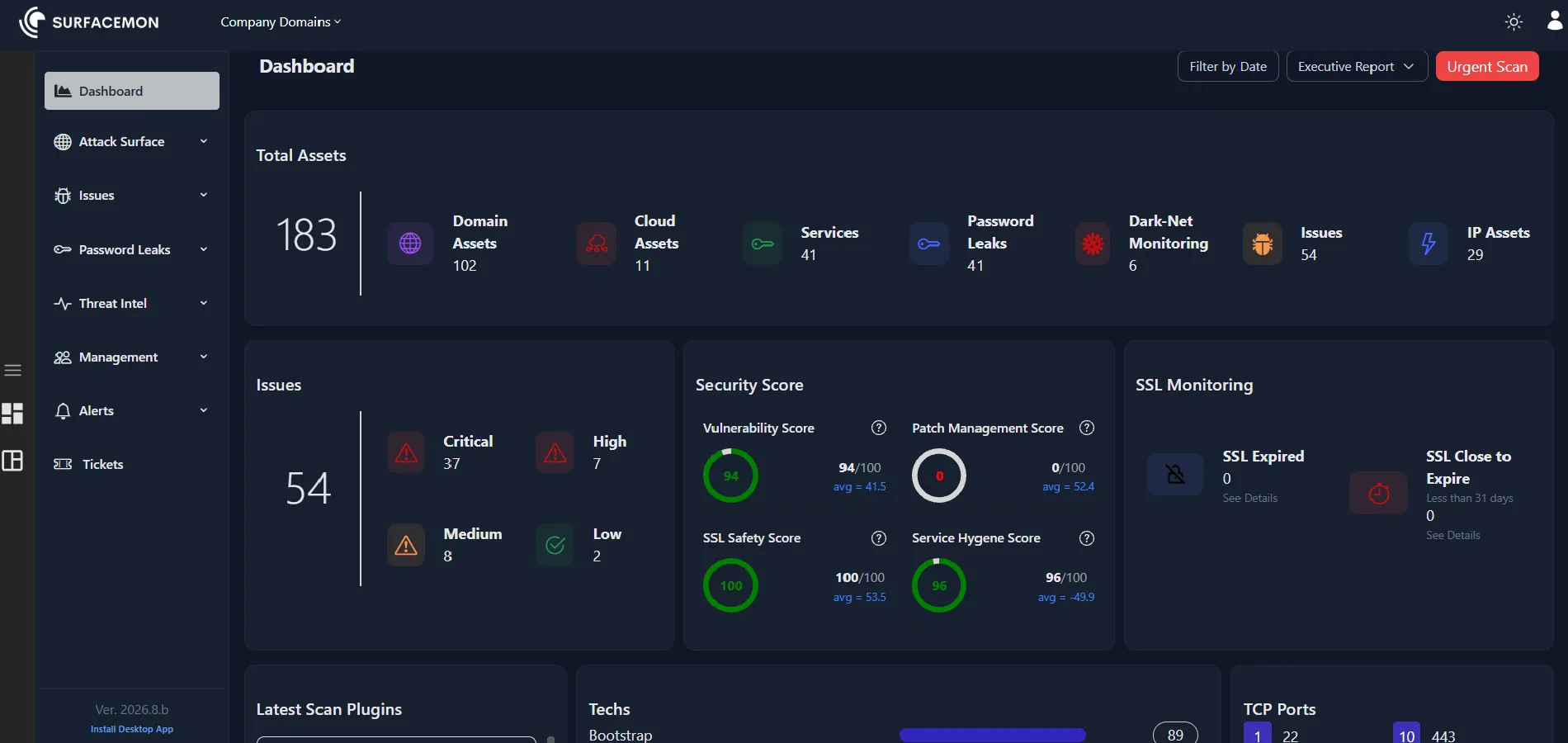 SURFACEMON dashboard: total assets, issues by severity, security scores and SSL monitoring (demo data).