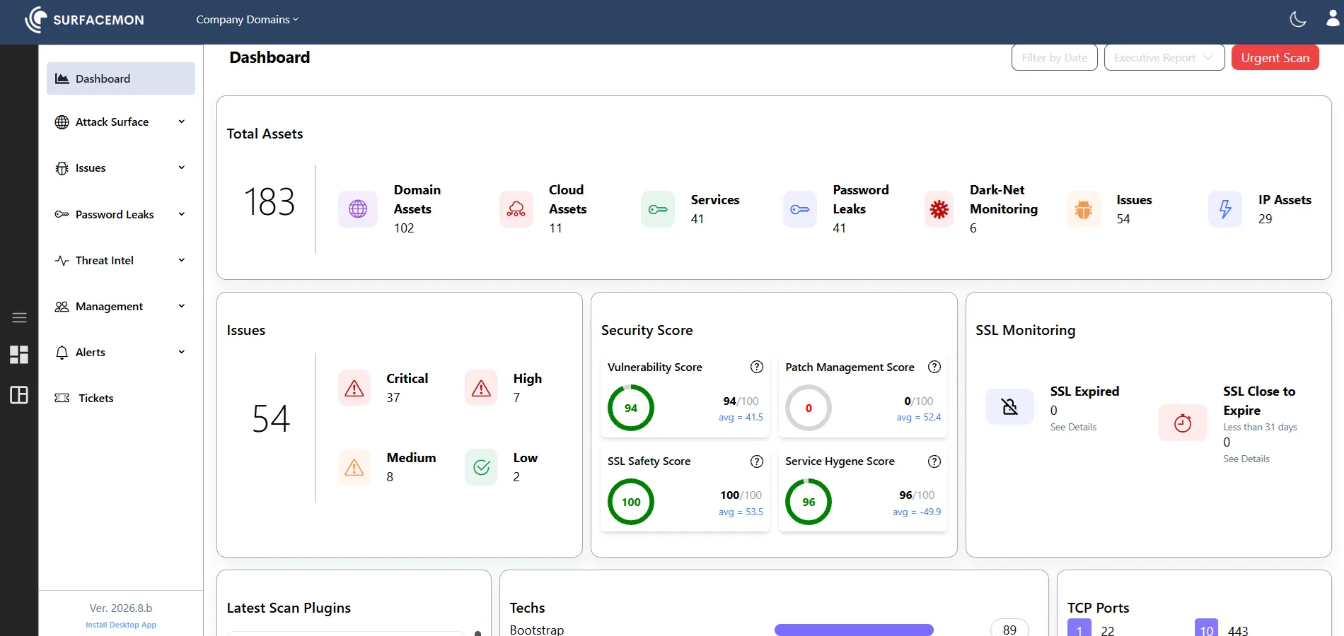 SURFACEMON dashboard: total assets, issues by severity, security scores and SSL monitoring (demo data).