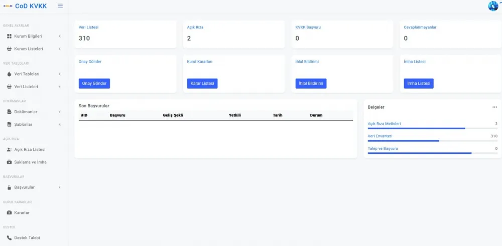 KVKK software dashboard