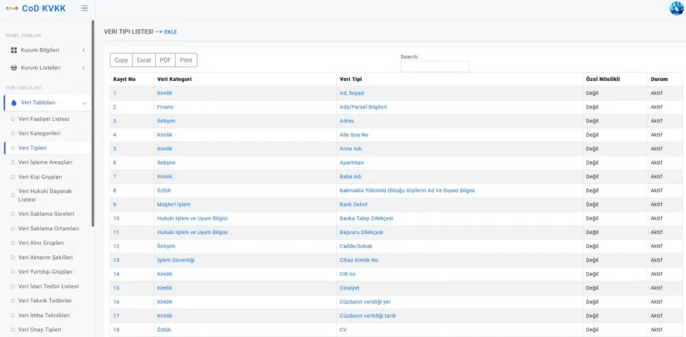 KVKK software data types list
